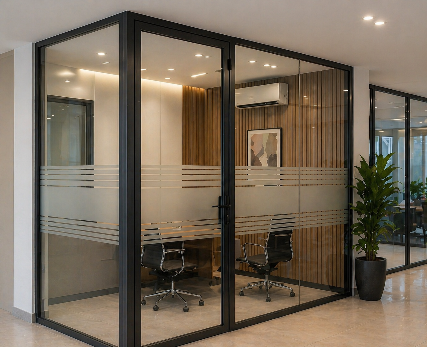 Aluminium-framed glass partition doors for offices and meeting rooms in Coimbatore – open-plan environment with acoustic privacy